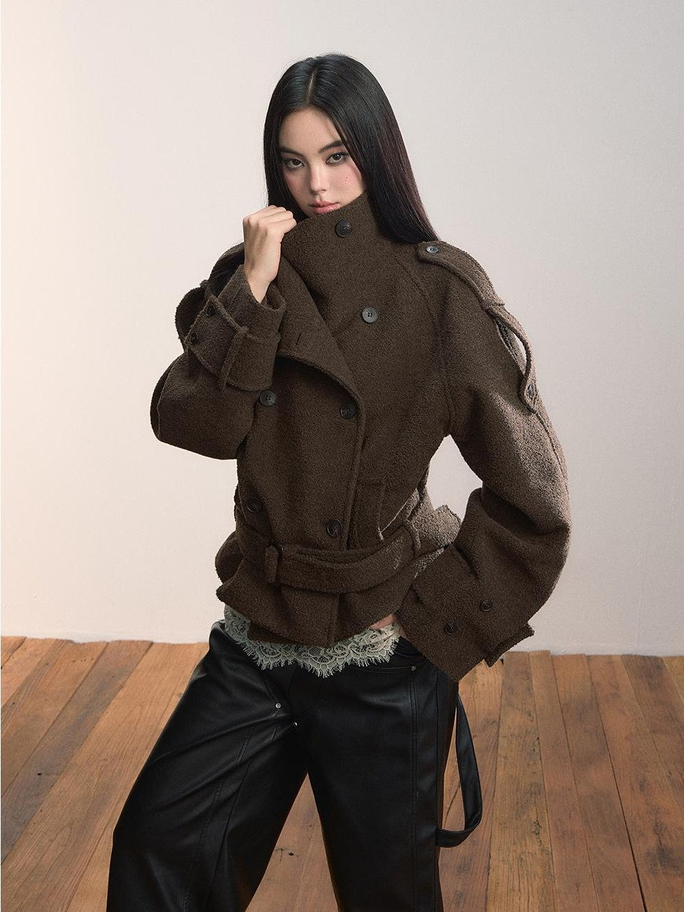 ViaPitti Color Block Double Breasted Belted Women's Wool Blend Wool Coats