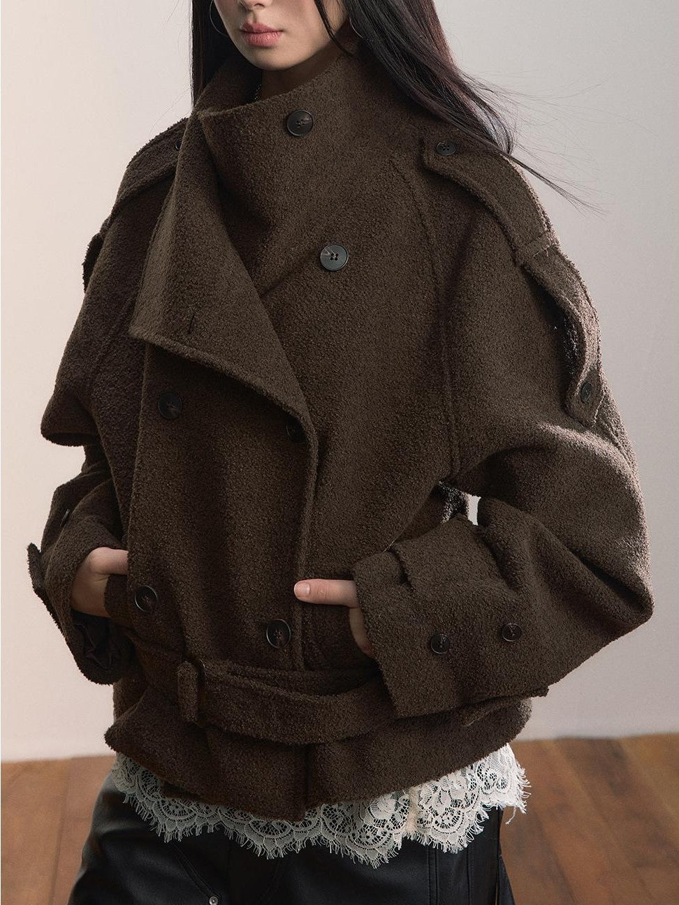 ViaPitti Color Block Double Breasted Belted Women's Wool Blend Wool Coats