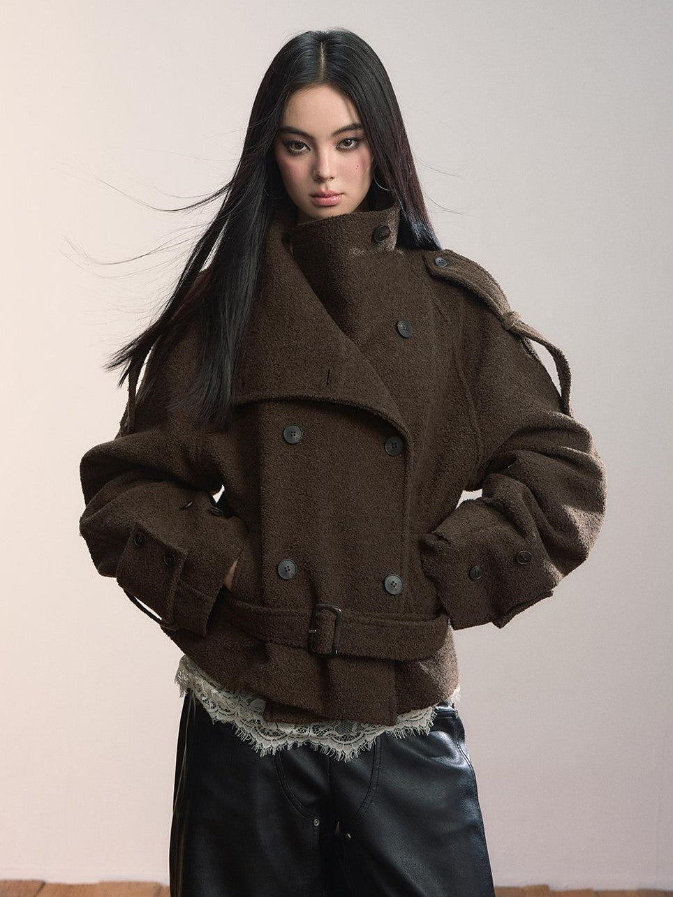 ViaPitti Color Block Double Breasted Belted Women's Wool Blend Wool Coats