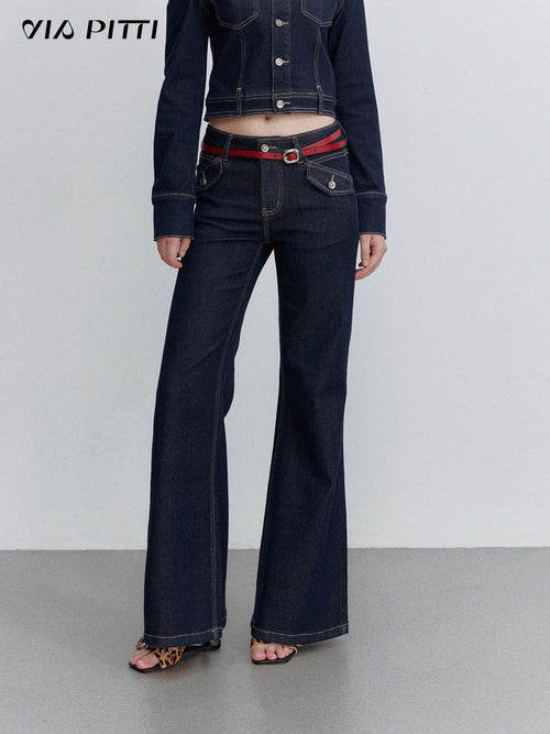 ViaPitti Contrast Stitch Vintage Wash Women's Tencel Cotton Flare Jeans