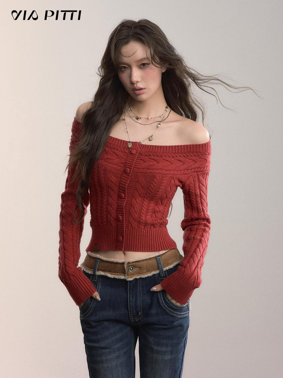 ViaPitti Convertible Off Shoulder Crewneck Cable Knit Women's Sweaters