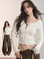 ViaPitti Convertible Off Shoulder Crewneck Cable Knit Women's Sweaters