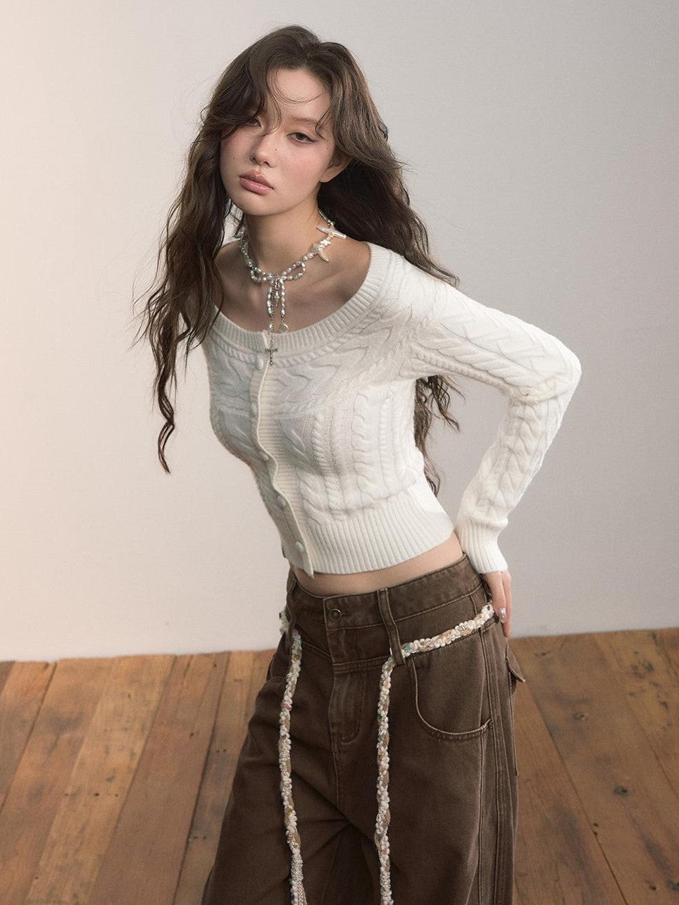 ViaPitti Convertible Off Shoulder Crewneck Cable Knit Women's Sweaters