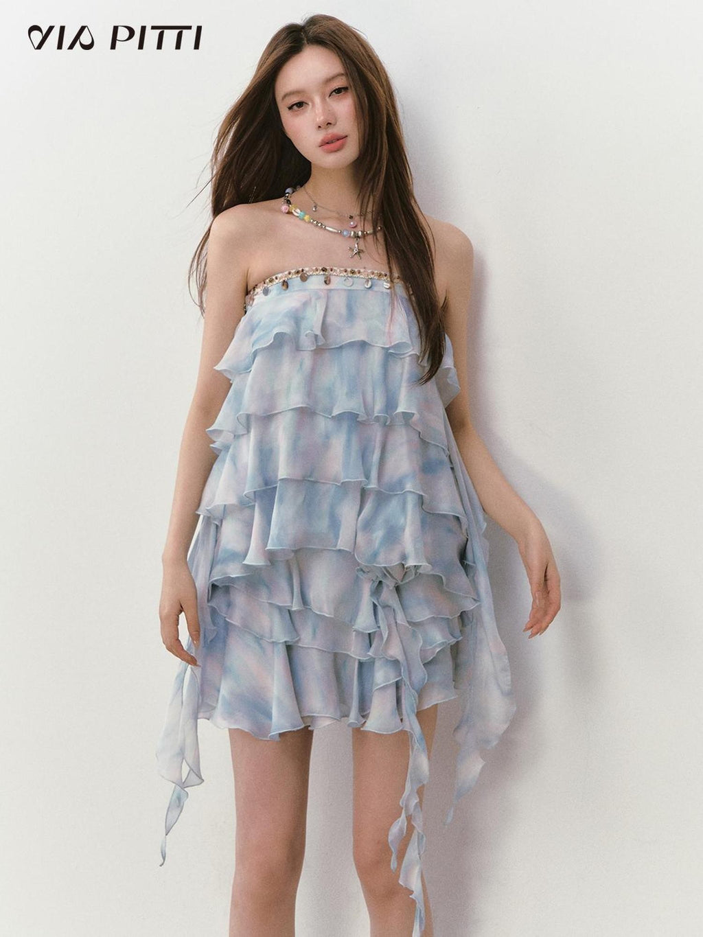 ViaPitti Custom Woven Ribbon Tiered Cami Floral Women's Polyester Top & Skirt Sets