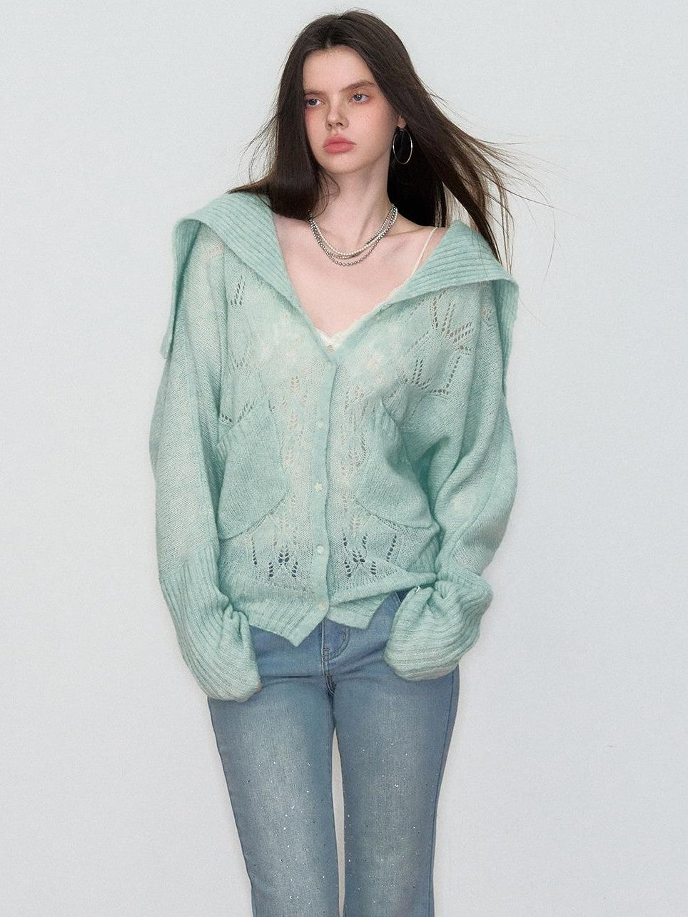 ViaPitti Cutout Collared Loose Wool Women's Cardigans
