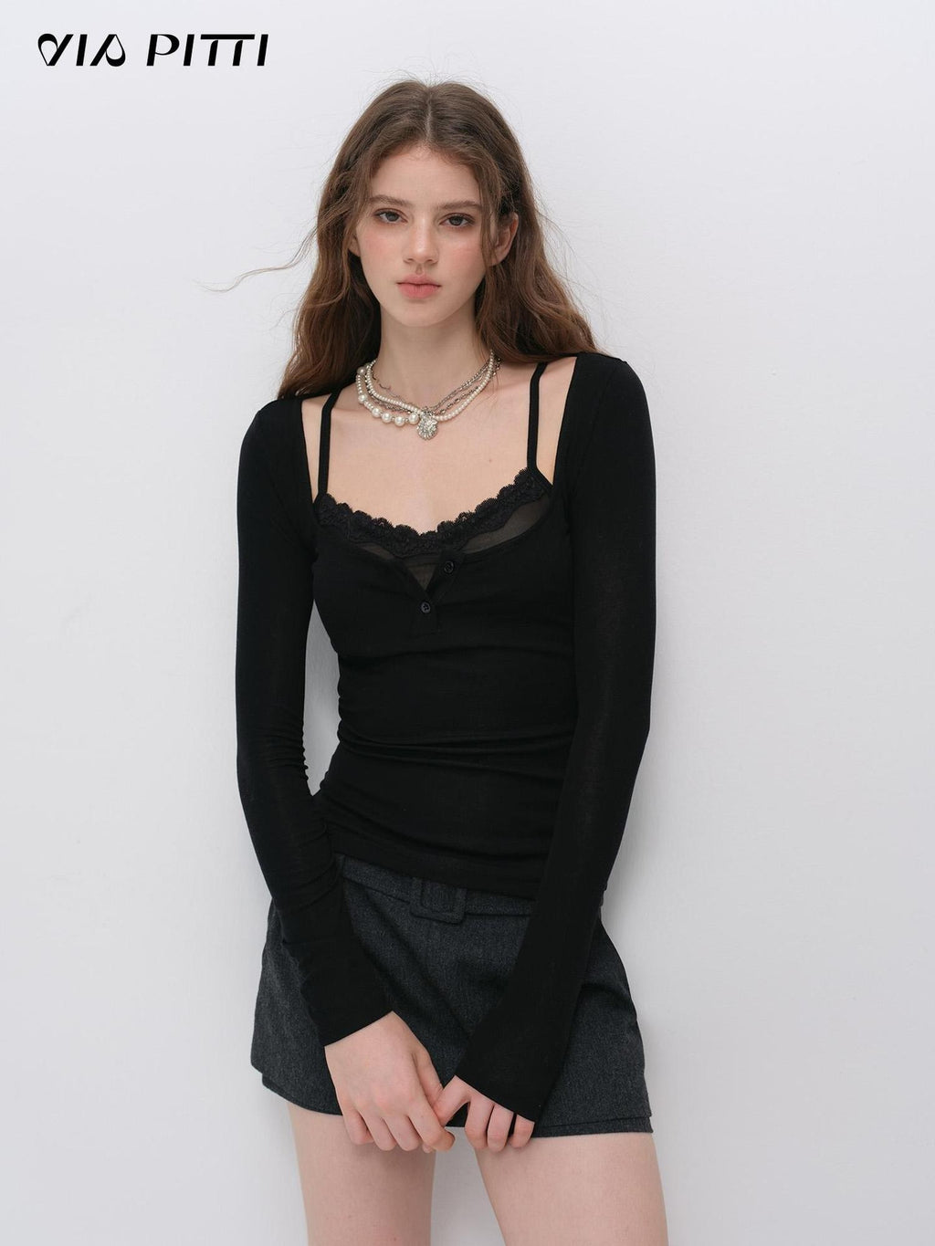 ViaPitti Deconstructed Lace Spliced Faux Two Piece Women's Lyocell Long Sleeve T-shirts