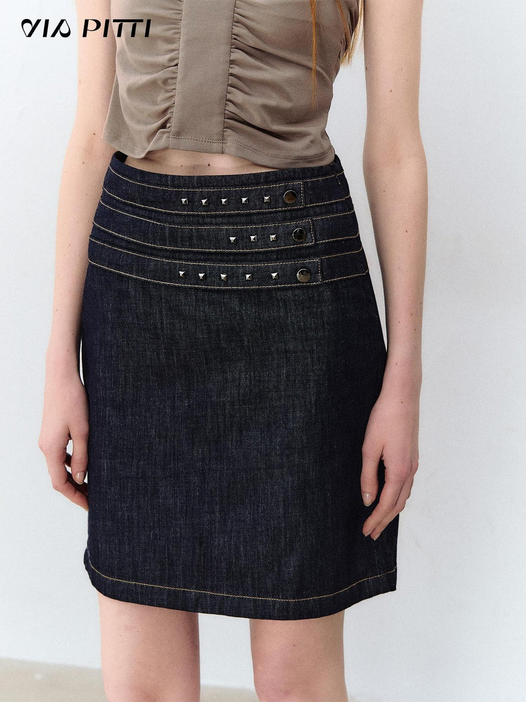 ViaPitti Denim Blue Three Row Studded Straight Fit Mini Skirts Women's Cotton