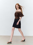 ViaPitti Denim Blue Three Row Studded Straight Fit Mini Skirts Women's Cotton