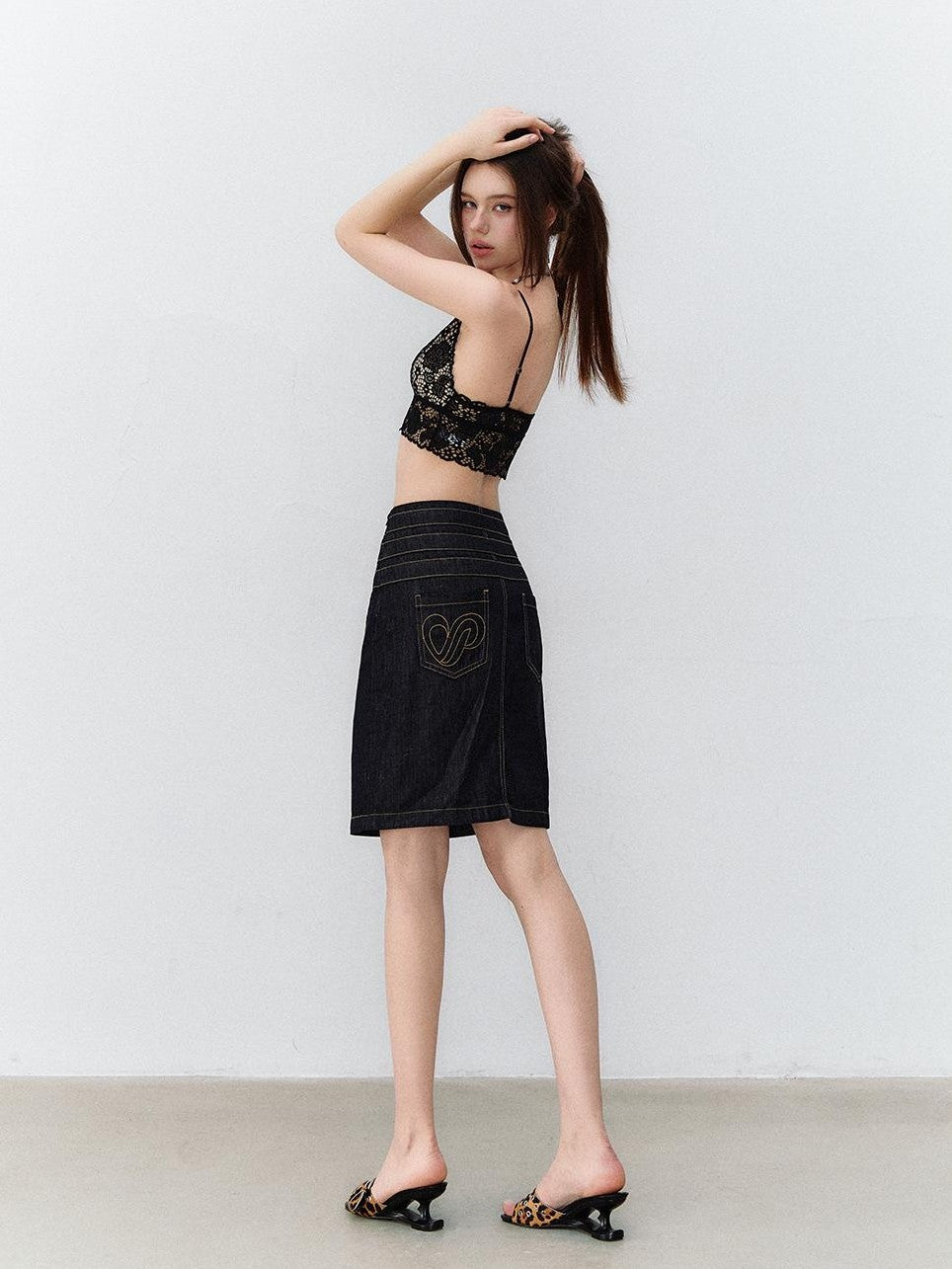 ViaPitti Denim Blue Three Row Studded Straight Fit Mini Skirts Women's Cotton