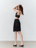 ViaPitti Denim Blue Three Row Studded Straight Fit Mini Skirts Women's Cotton
