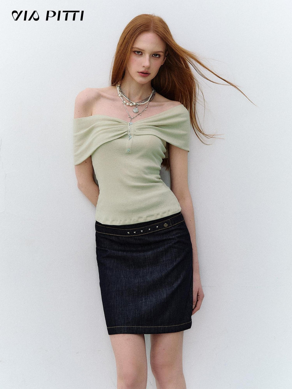 ViaPitti Denim Blue Three Row Studded Straight Fit Mini Skirts Women's Cotton