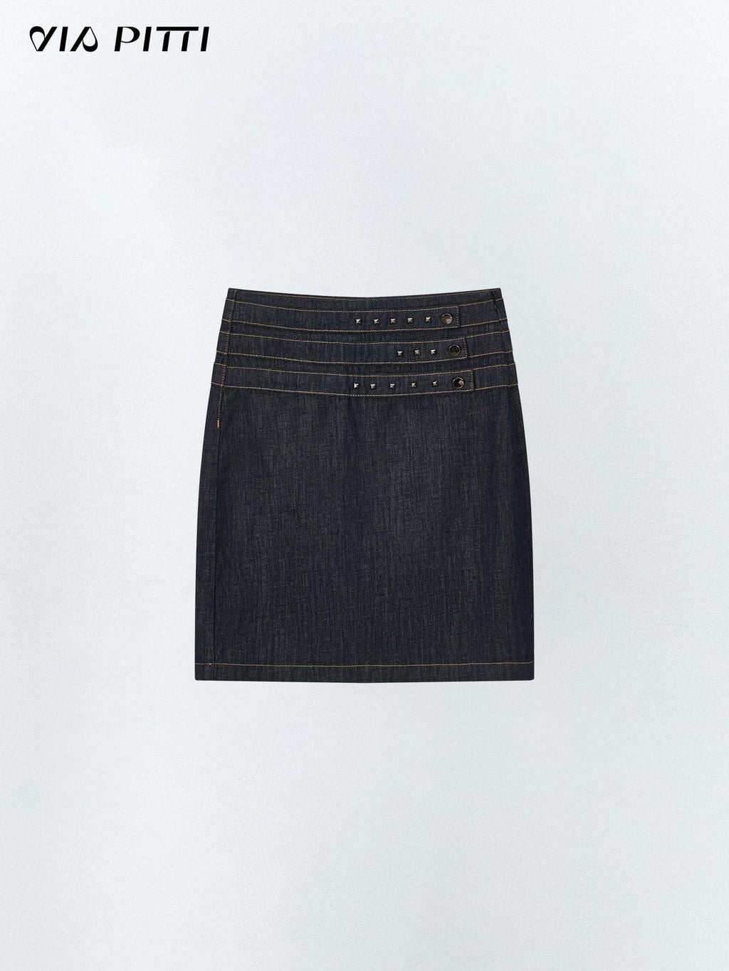 ViaPitti Denim Blue Three Row Studded Straight Fit Mini Skirts Women's Cotton