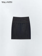 ViaPitti Denim Blue Three Row Studded Straight Fit Mini Skirts Women's Cotton