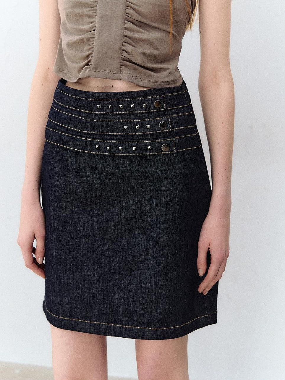 ViaPitti Denim Blue Three Row Studded Straight Fit Mini Skirts Women's Cotton