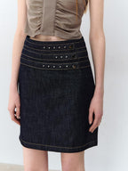 ViaPitti Denim Blue Three Row Studded Straight Fit Mini Skirts Women's Cotton