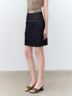ViaPitti Denim Blue Three Row Studded Straight Fit Mini Skirts Women's Cotton