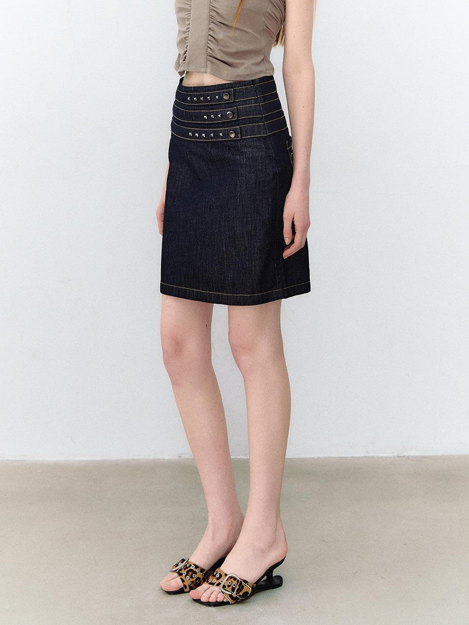 ViaPitti Denim Blue Three Row Studded Straight Fit Mini Skirts Women's Cotton