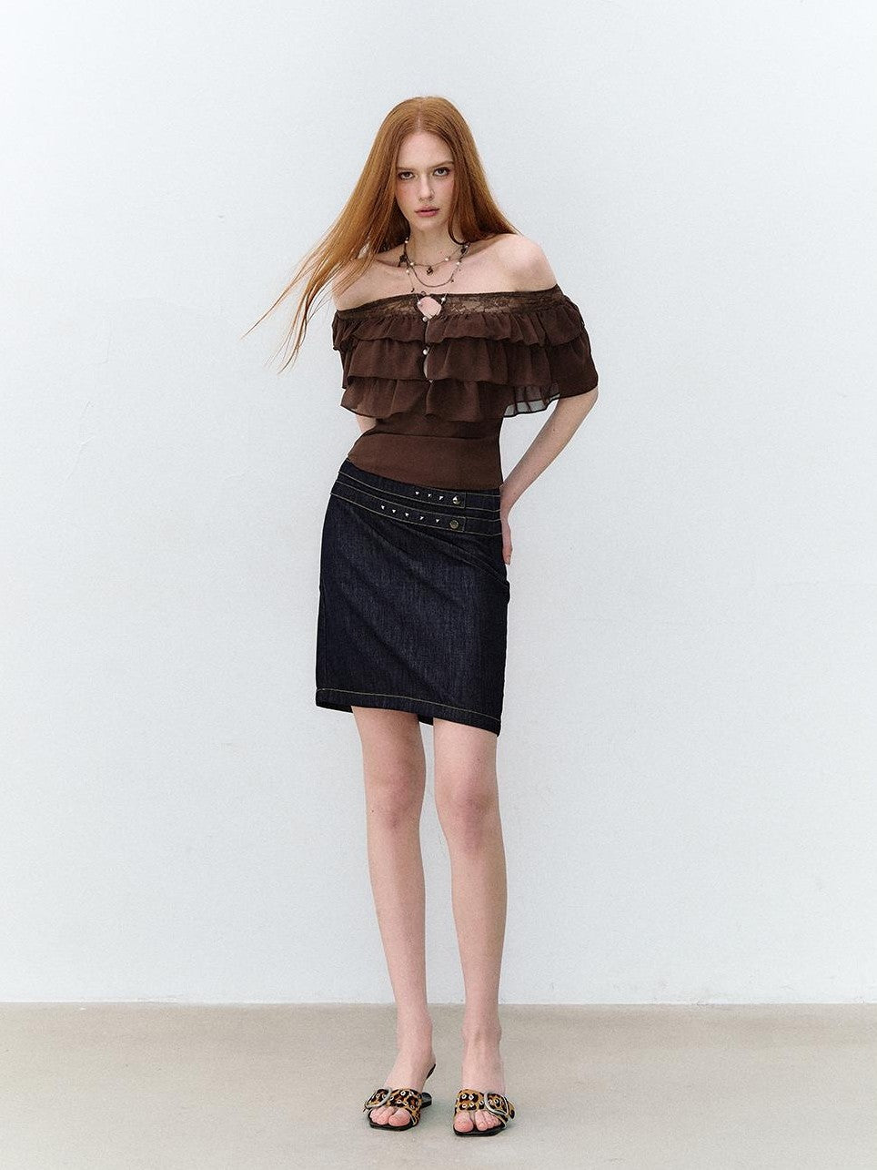 ViaPitti Denim Blue Three Row Studded Straight Fit Mini Skirts Women's Cotton
