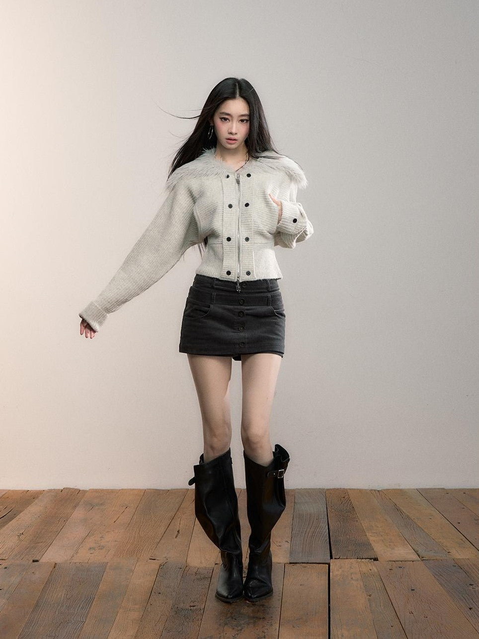 ViaPitti Faux Fur Collar Cinched Waist Big Sleeve Women's Knit Sweaters