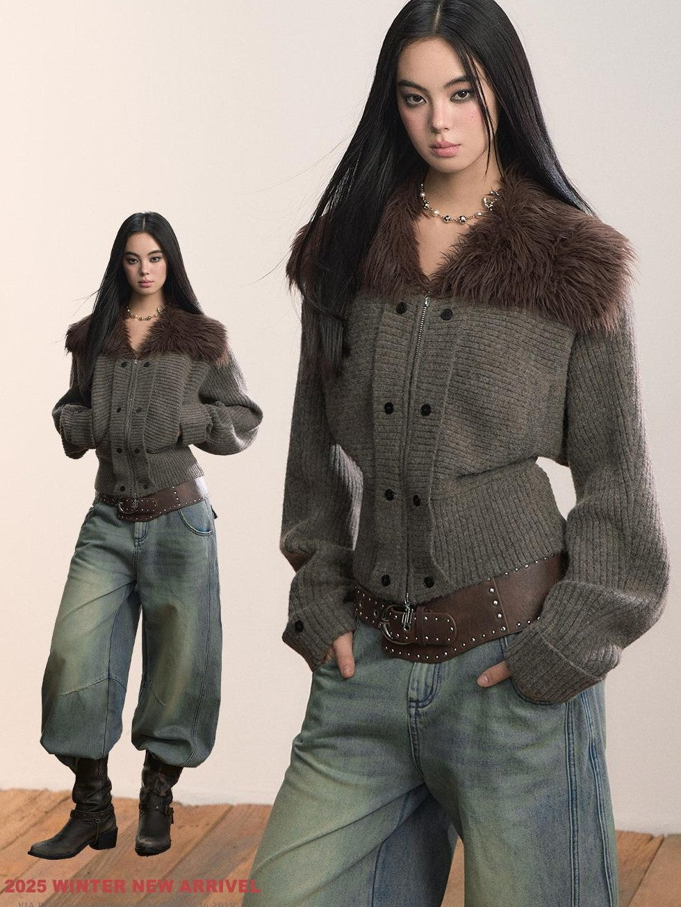 ViaPitti Faux Fur Collar Cinched Waist Big Sleeve Women's Knit Sweaters