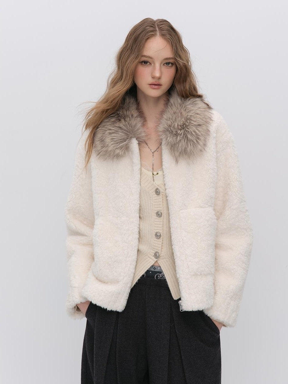 ViaPitti Faux Fur Trim Color Block Fleece Women's Polyester Short Coats