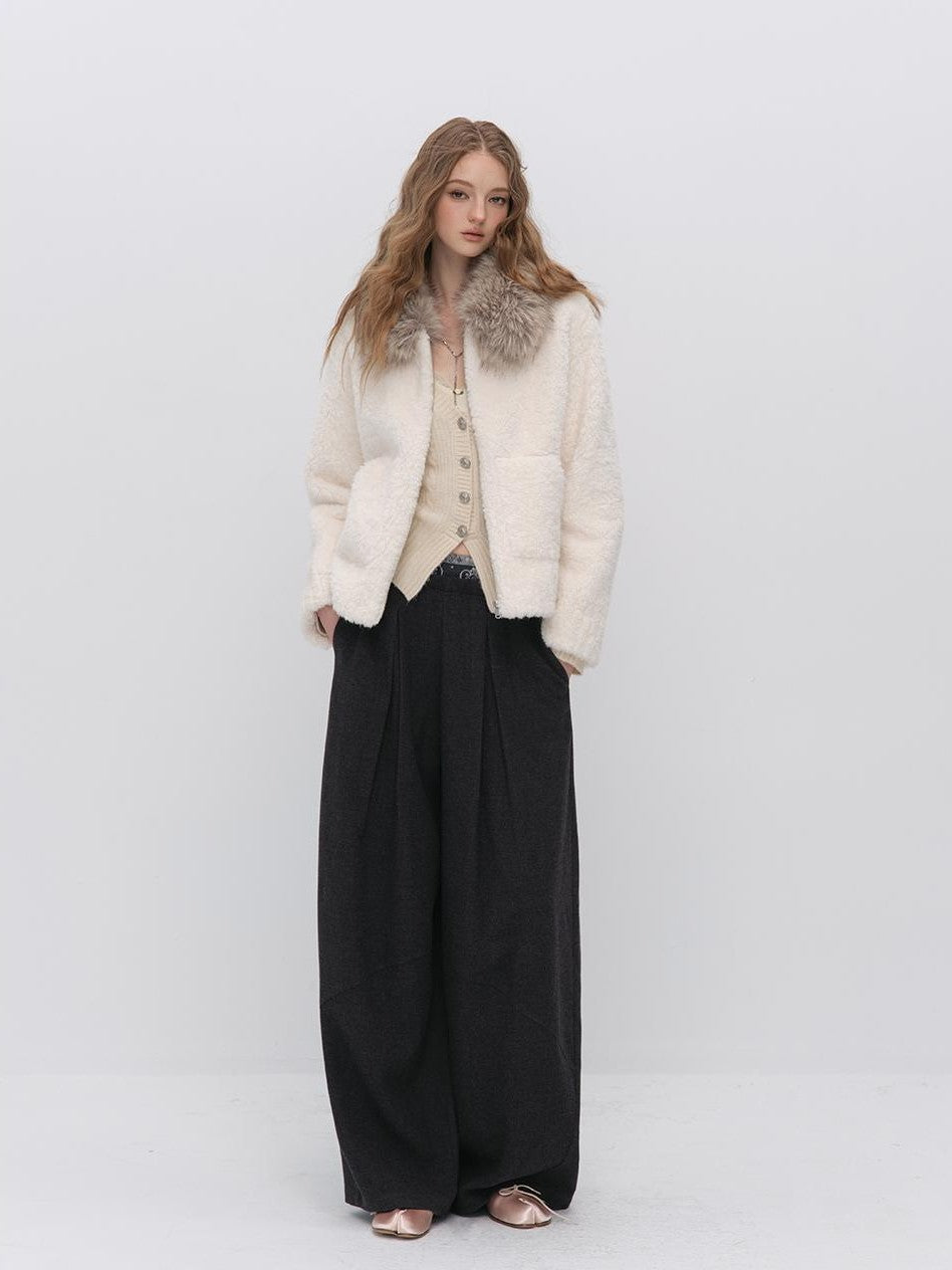 ViaPitti Faux Fur Trim Color Block Fleece Women's Polyester Short Coats