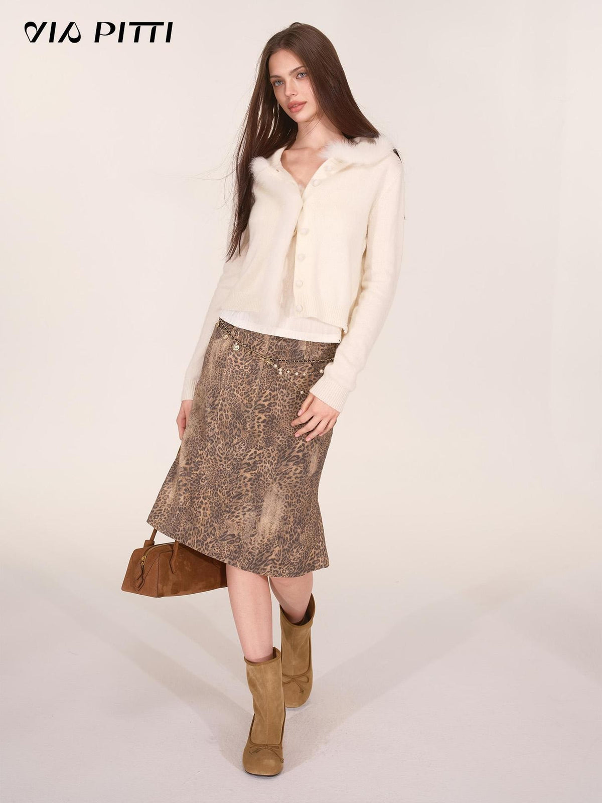 ViaPitti Faux Fur Trim Patchwork Fox Fur Collar Women's Wool Knit Cardigans