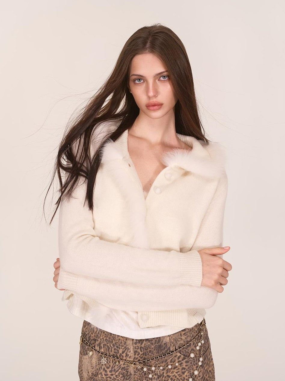 ViaPitti Faux Fur Trim Patchwork Fox Fur Collar Women's Wool Knit Cardigans
