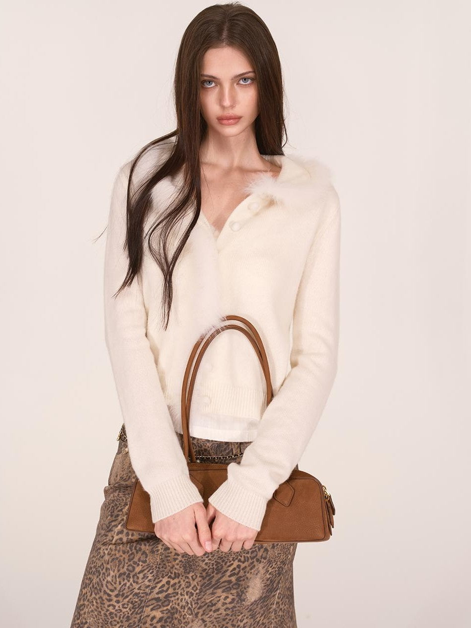 ViaPitti Faux Fur Trim Patchwork Fox Fur Collar Women's Wool Knit Cardigans