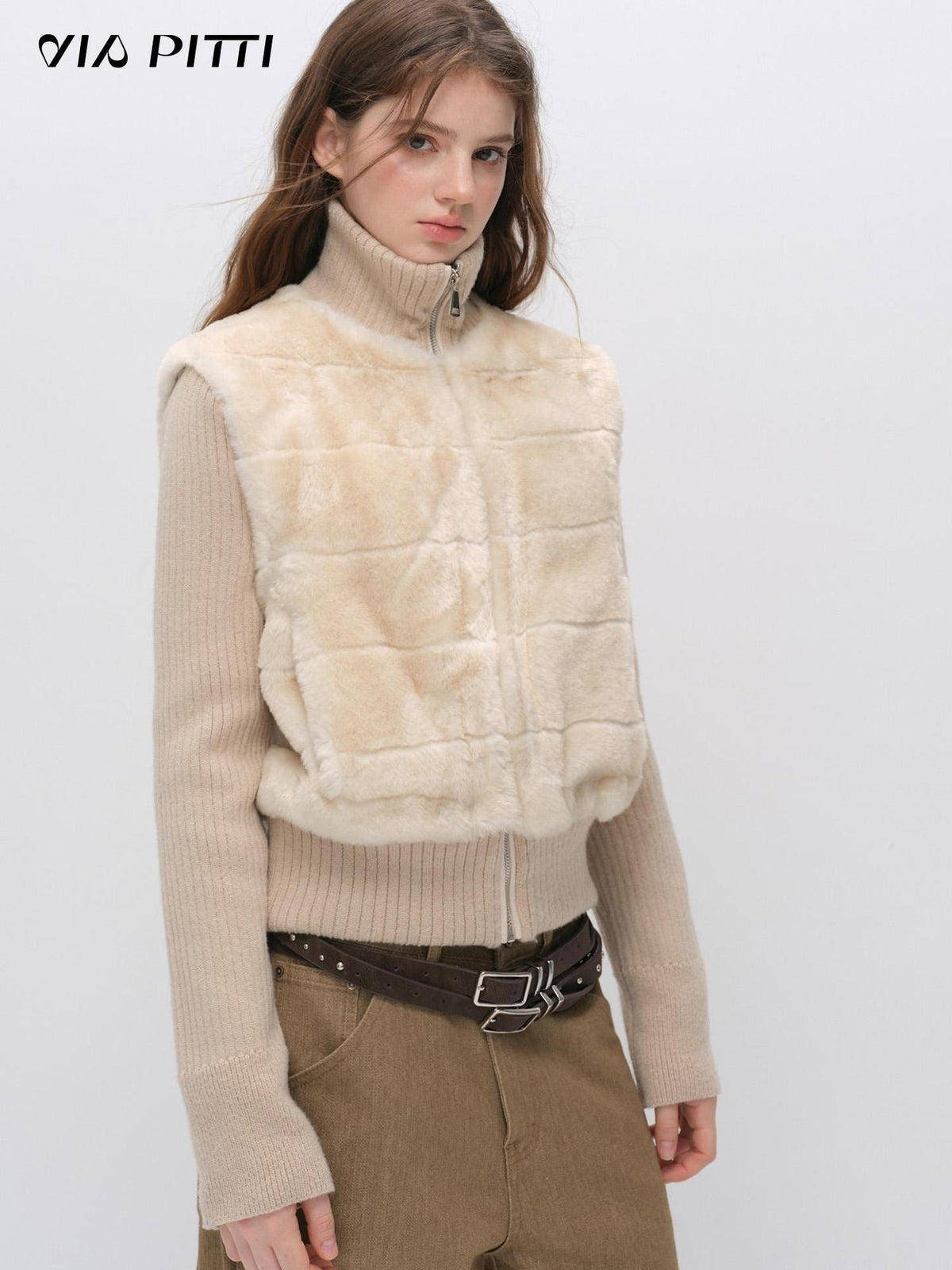 ViaPitti Faux Layered Ribbed Knit High Neck Women's Polyester Puffer Jackets
