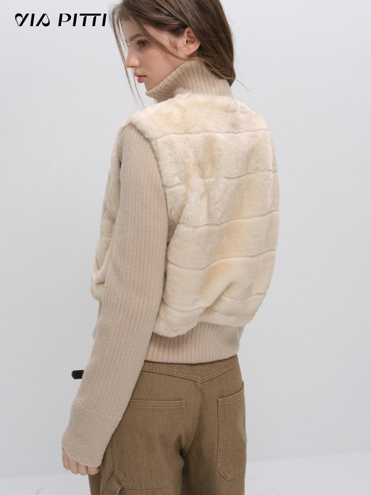 ViaPitti Faux Layered Ribbed Knit High Neck Women's Polyester Puffer Jackets