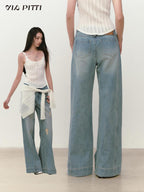 ViaPitti Fireworks Rhinestone Double Waist Women's Loose Straight Jeans