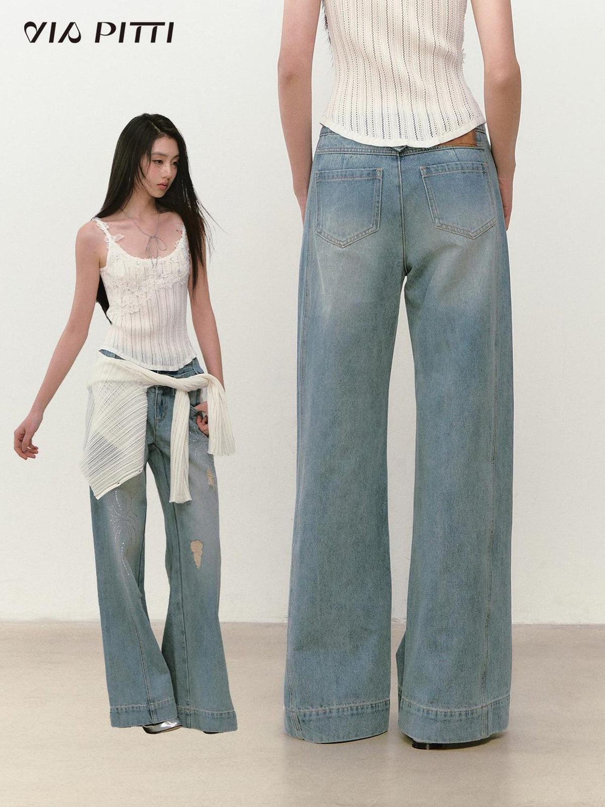 ViaPitti Fireworks Rhinestone Double Waist Women's Loose Straight Jeans