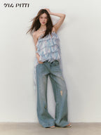 ViaPitti Fireworks Rhinestone Double Waist Women's Loose Straight Jeans