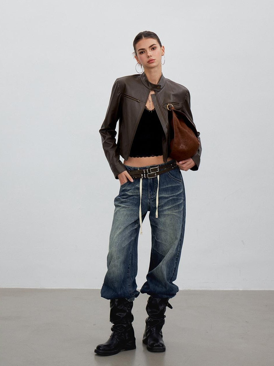 ViaPitti Gradient Wash Whiskered Drawstring Women's Cotton Straight Jeans