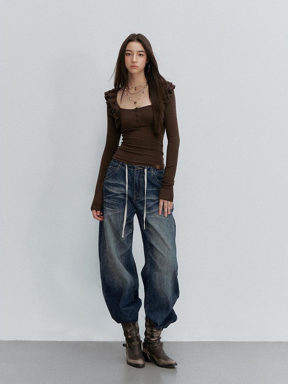 ViaPitti Gradient Wash Whiskered Drawstring Women's Cotton Straight Jeans