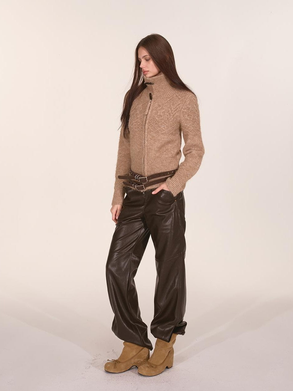 ViaPitti Horn Button High Neck Waist Zip Cardigans Women's Wool Cardigans