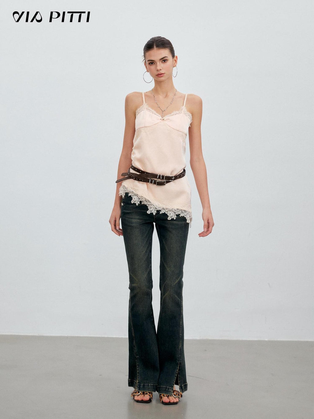 ViaPitti Irregular Ruched Lace Spliced Satin Look Slim Fit Women's Polyester Camisoles