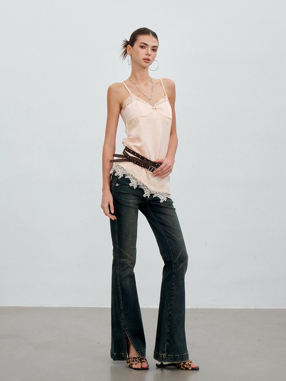 ViaPitti Irregular Ruched Lace Spliced Satin Look Slim Fit Women's Polyester Camisoles