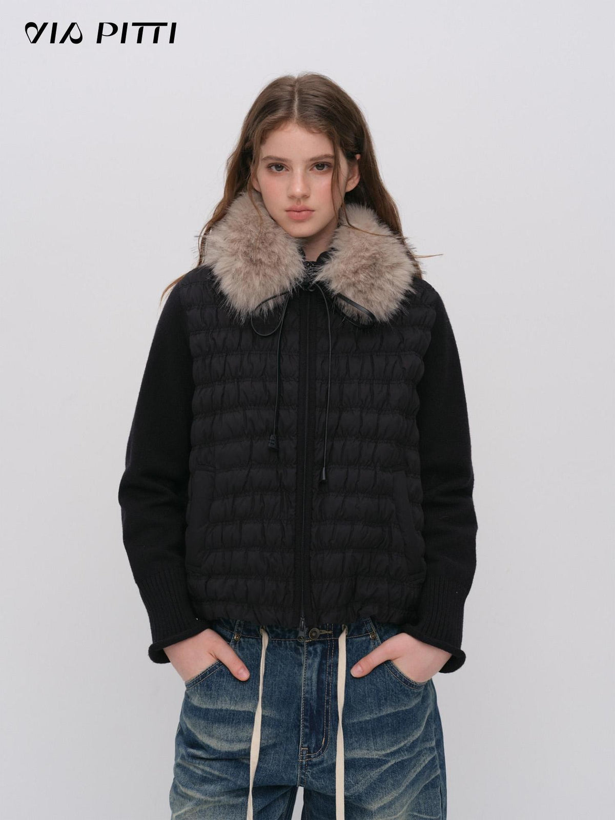 ViaPitti Knitted Spliced Quilted Lightweight White Goose Down Women's Down Jackets