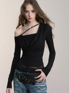 ViaPitti Lace Cold Shoulder Beaded Cowl Neck Faux Two Piece Women's Long Sleeve T-shirts