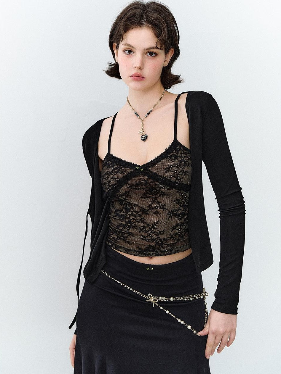 ViaPitti Lace Jacquard V-neck Two Piece Look Women's Lyocell Camisoles