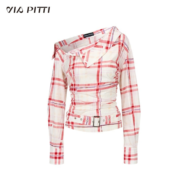 ViaPitti_Off_Shoulder_Ruched_Belted_Plaid_Slim_Fit_Women's_Cotton_Blouses_872822076825_MISSTT
