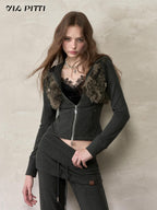 ViaPitti Oversized Faux Fur Trim Hooded Drawstring Women's Cropped Jackets