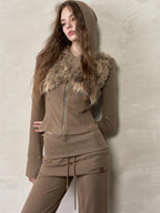 ViaPitti Oversized Faux Fur Trim Hooded Drawstring Women's Cropped Jackets