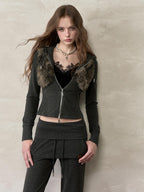 ViaPitti Oversized Faux Fur Trim Hooded Drawstring Women's Cropped Jackets