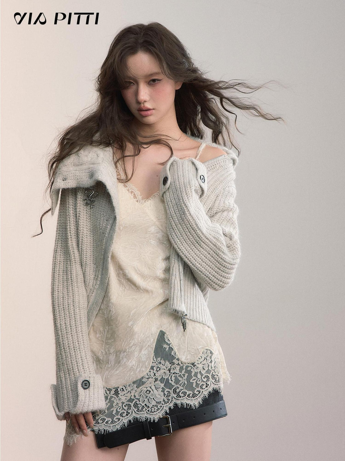 ViaPitti Oversized Lapel Diagonal Zip Waist Cinch Short Women's Knit Cardigans
