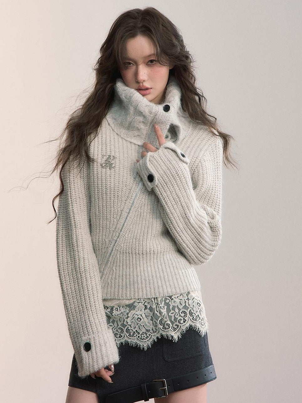 ViaPitti Oversized Lapel Diagonal Zip Waist Cinch Short Women's Knit Cardigans