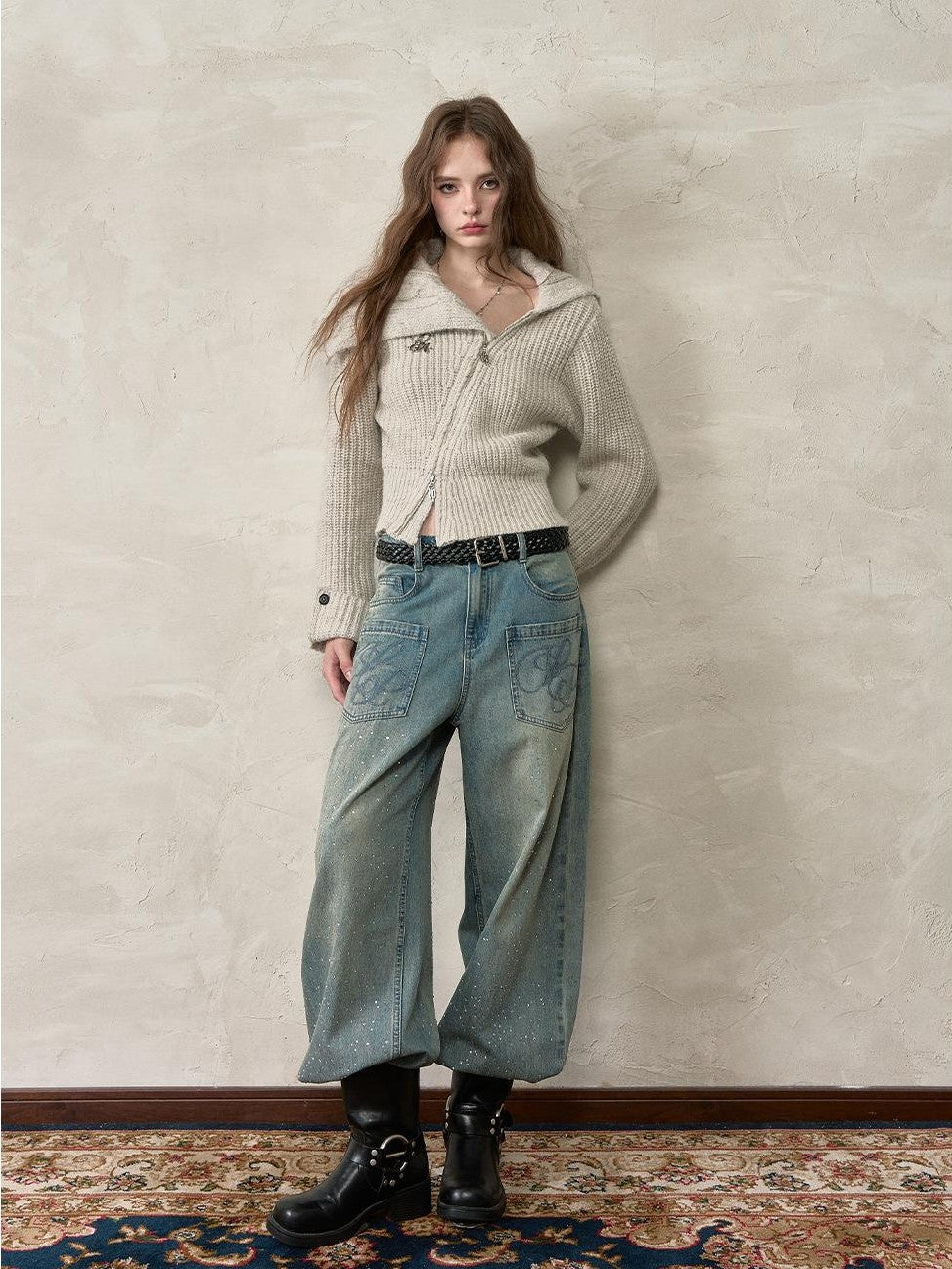 ViaPitti Oversized Lapel Diagonal Zip Waist Cinch Short Women's Knit Cardigans