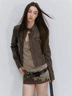 ViaPitti Retro Brown Stand Collar Slim Fit Cropped Biker Women's Leather Jackets